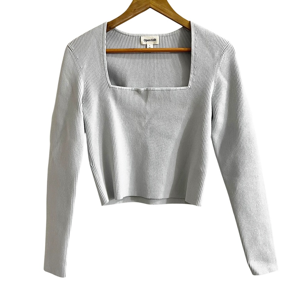 Open Edit Square Neck Ribbed Sweater Light Blue Grey Size L Womens Cropped Top